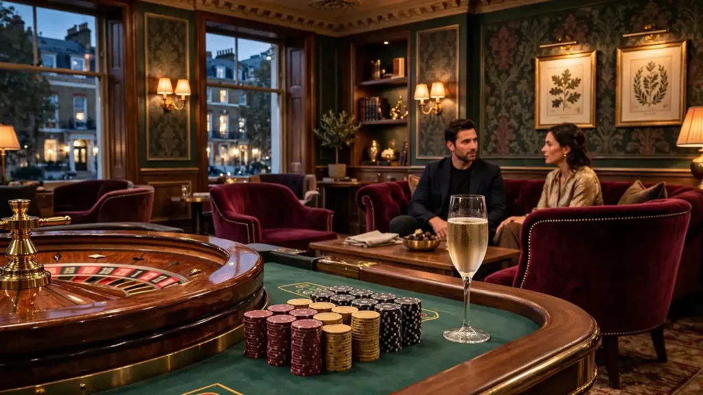 Luxurious London casino lounge interior with roulette table and champagne, evening atmosphere
