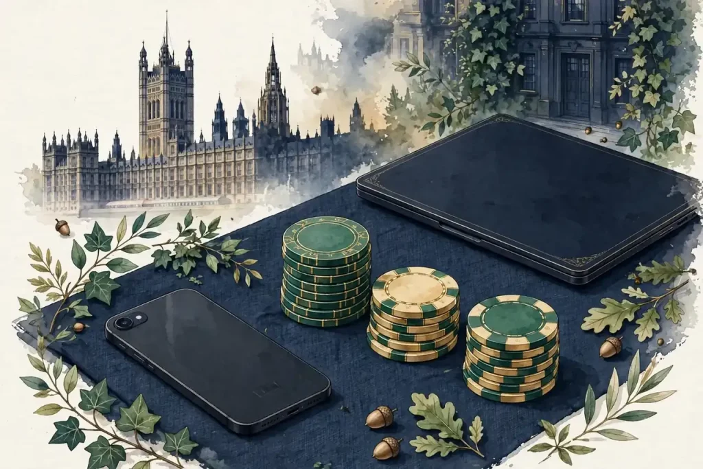 UK casino guide illustrated with neutral devices, chips, and Westminster silhouette.