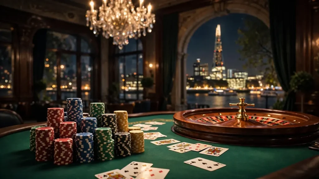 Elegant casino table with chip stacks, roulette wheel, and London skyline at night