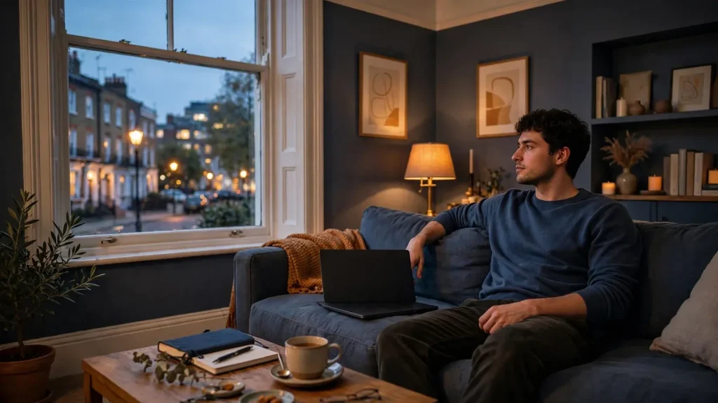 Calm British evening scene with closed laptop and cup of tea