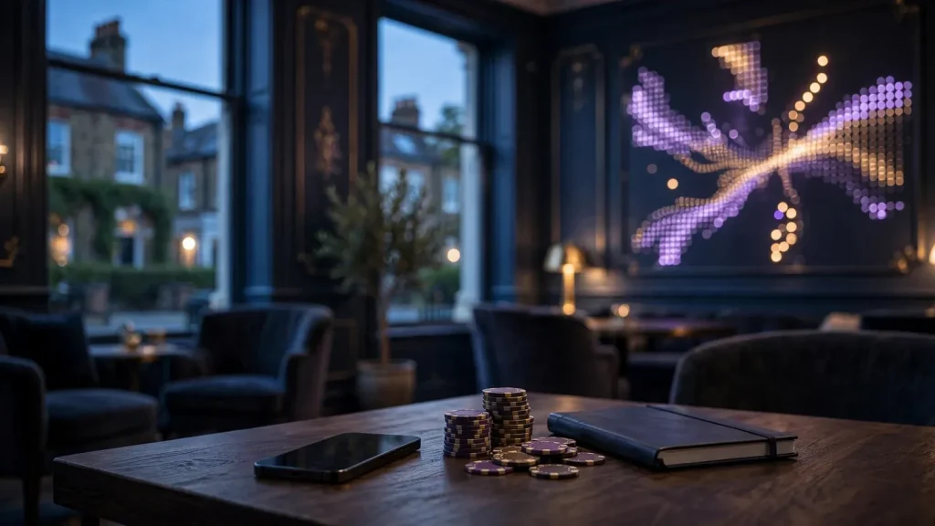 Elegant UK gaming lounge with smartphone and casino chips