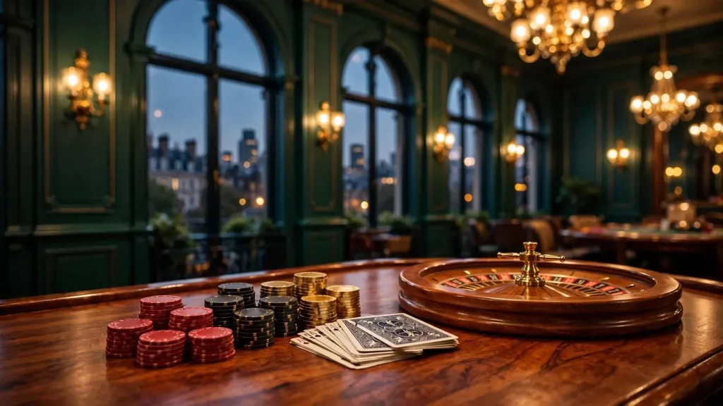 Elegant British casino lounge with chips, cards, roulette wheel and London skyline view