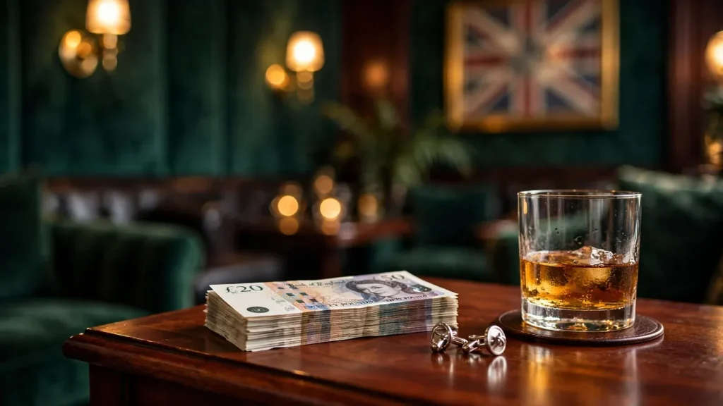 British upscale interior with whiskey, pounds, and elegant decor