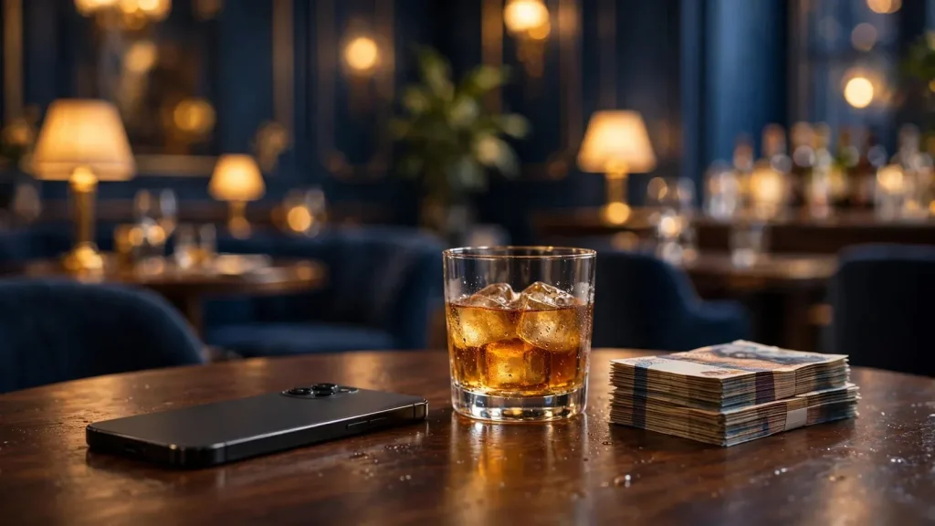 Stylish UK casino lounge scene with smartphone, whisky, and pounds on a table