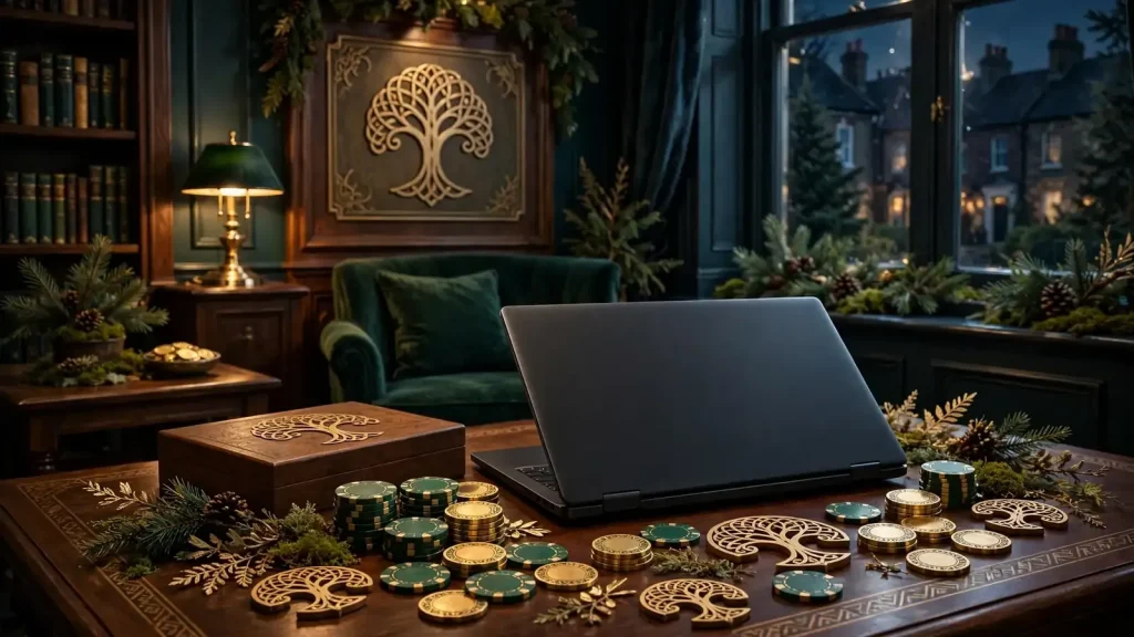 Elegant UK casino lounge themed around Yggdrasil slot games