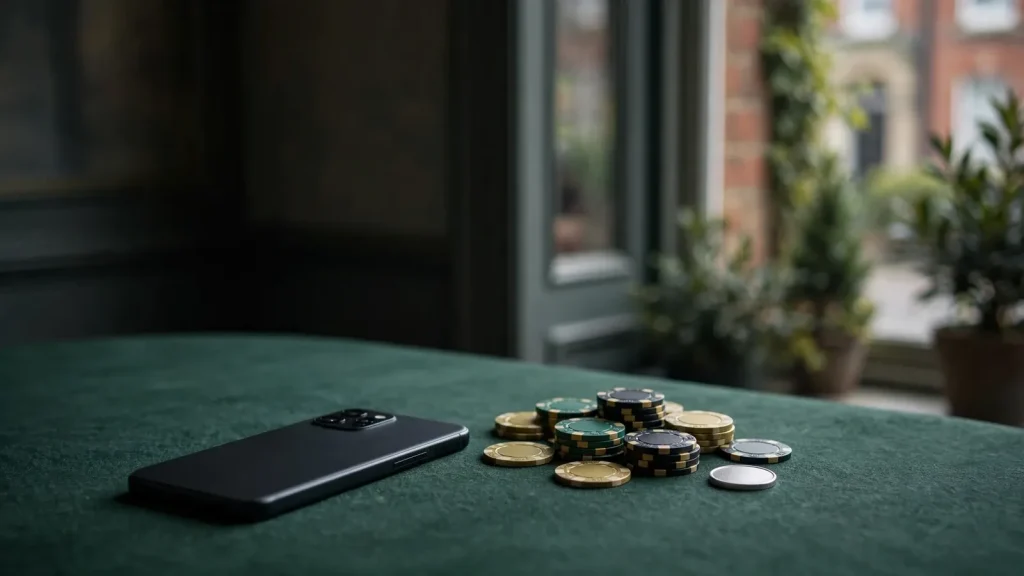 Face-down smartphone with casino chips representing slot payout percentages