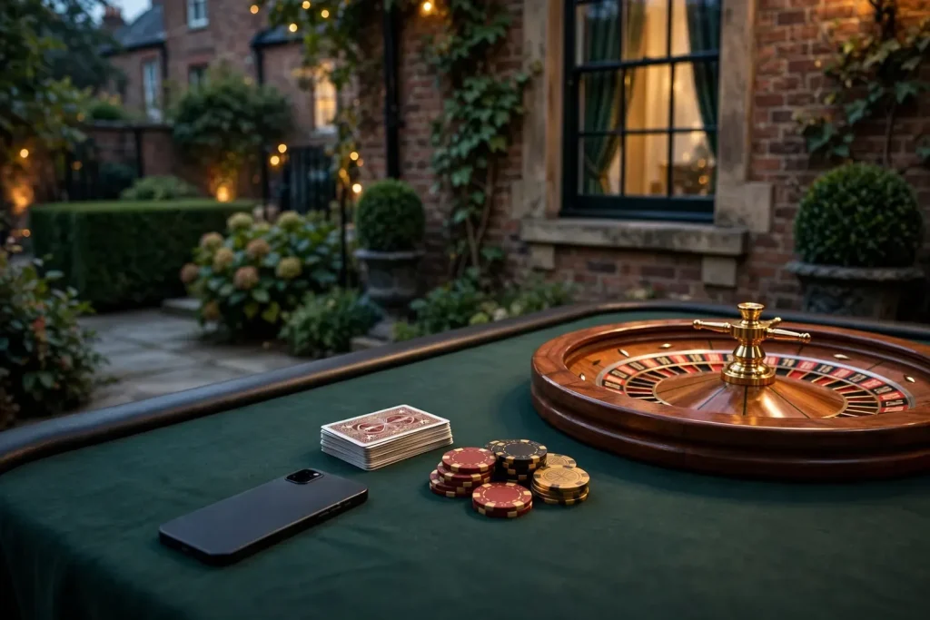 Face-down smartphone, casino chips and roulette on a green table