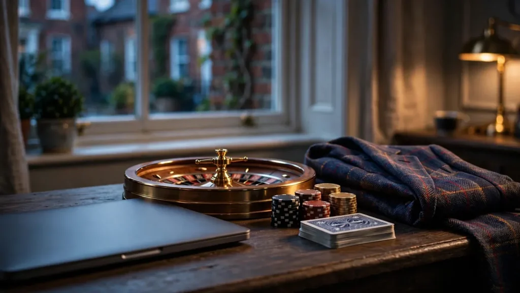 Modern UK online casino concept with roulette, chips, cards and closed laptop