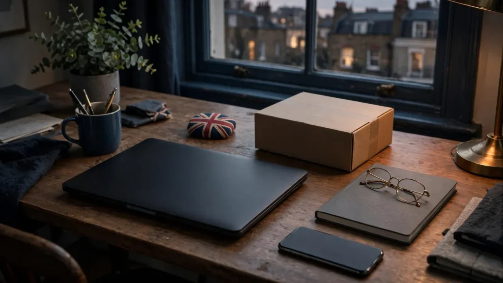 UK online casino review scene with devices switched off and desk details.