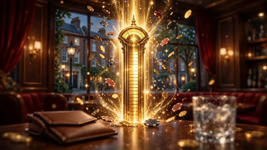 Glowing jackpot meter rising amid floating coins and casino chips in a luxurious lounge.