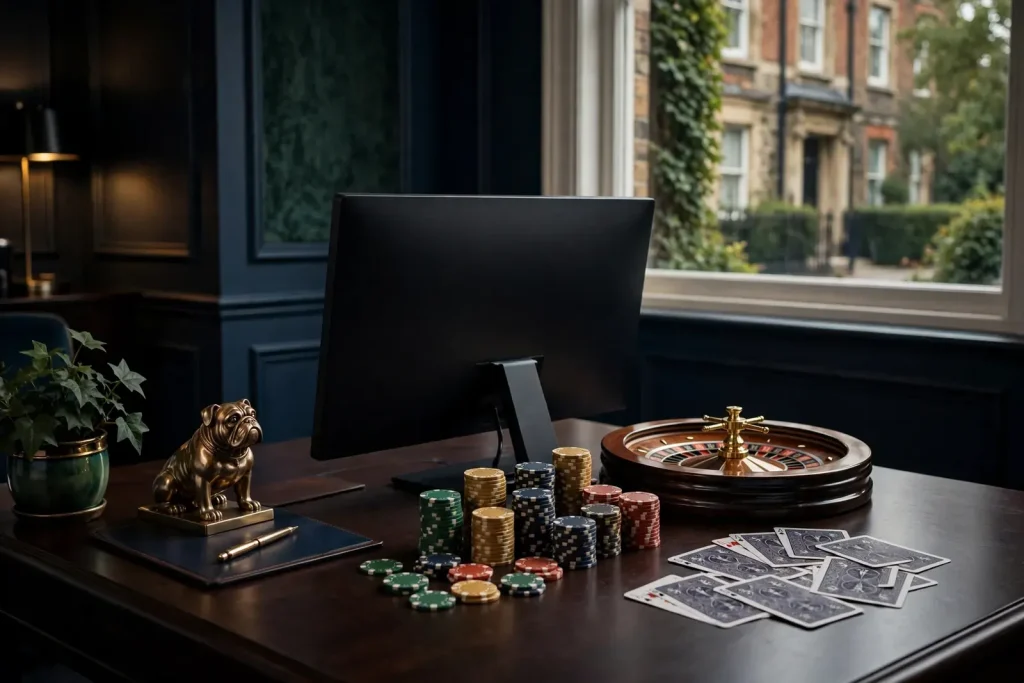 UK online casino lounge with discreet monitor, chips, cards and roulette wheel