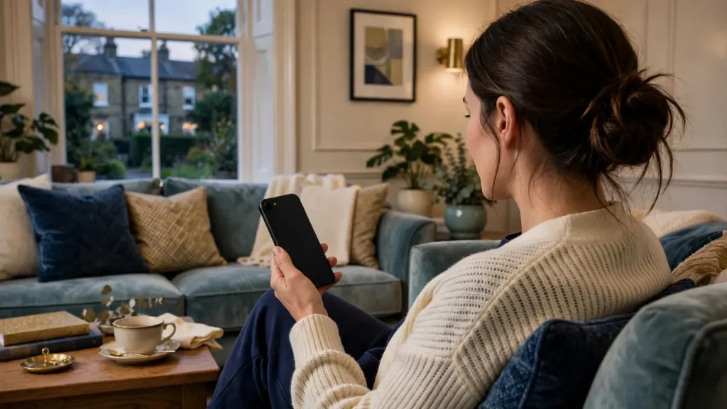 Relaxed UK player holding a phone in a stylish lounge