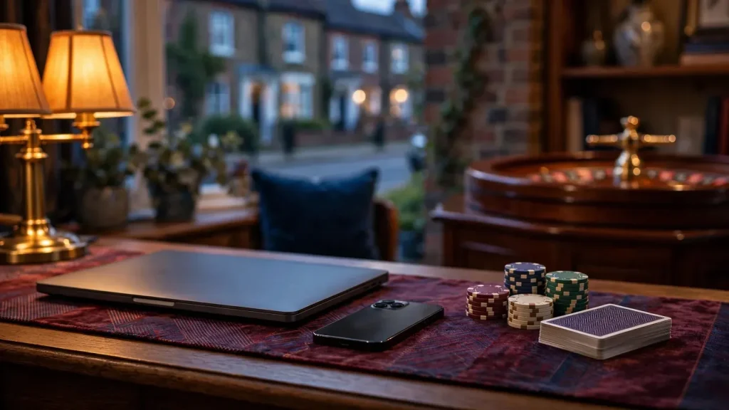 Elegant British gaming setup with roulette, cards, chips and hidden screens
