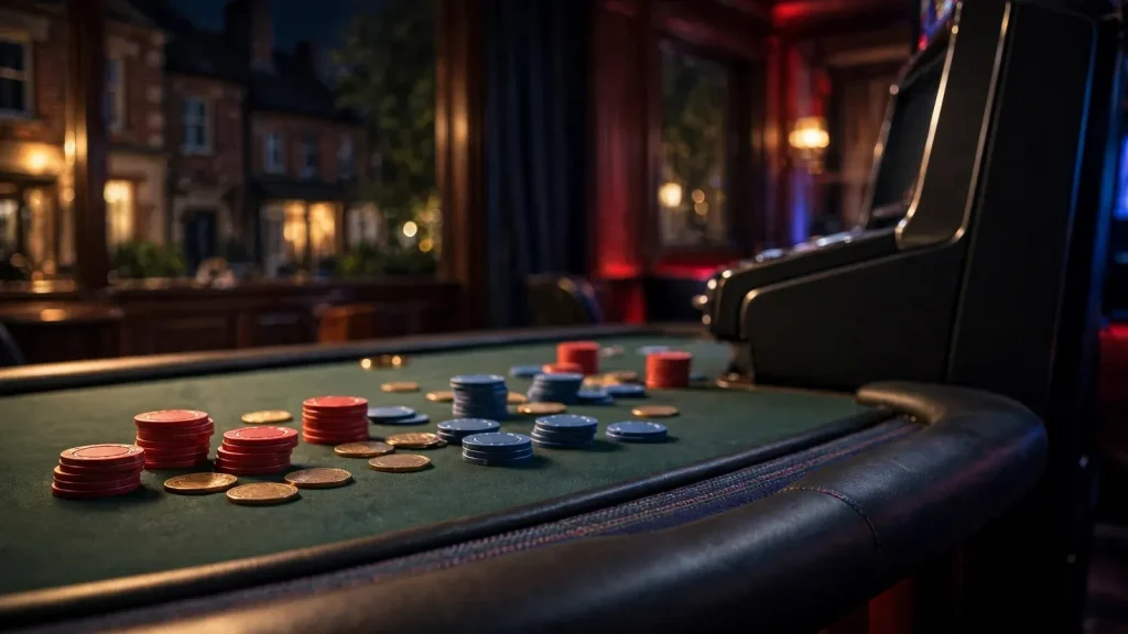 Unmarked casino chips beside a sleek slot cabinet in a British casino