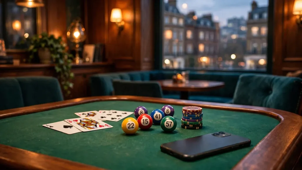 Cozy British game lounge with bingo balls and chips on a felt table