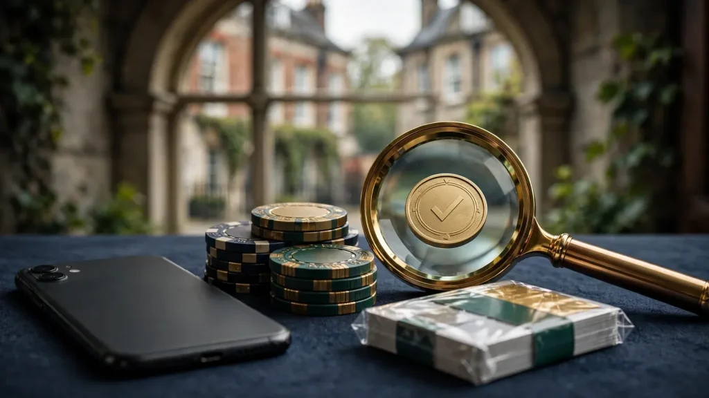 Editorial casino verification scene with magnifying glass, phone, chips, and British colour accents