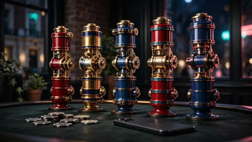 Five cinematic reel sculptures beside a face-down smartphone and casino chips