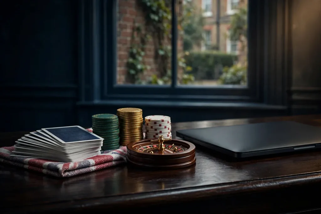 Premium casino still life with cards, chips, roulette wheel and closed laptop