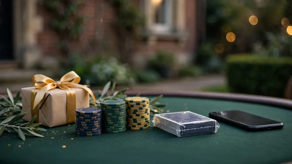 Birthday gift, casino chips, cards, and face-down smartphone
