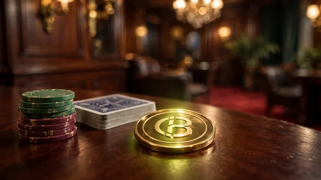 Glossy cryptocurrency coin glowing on a British casino table with poker chips and cards