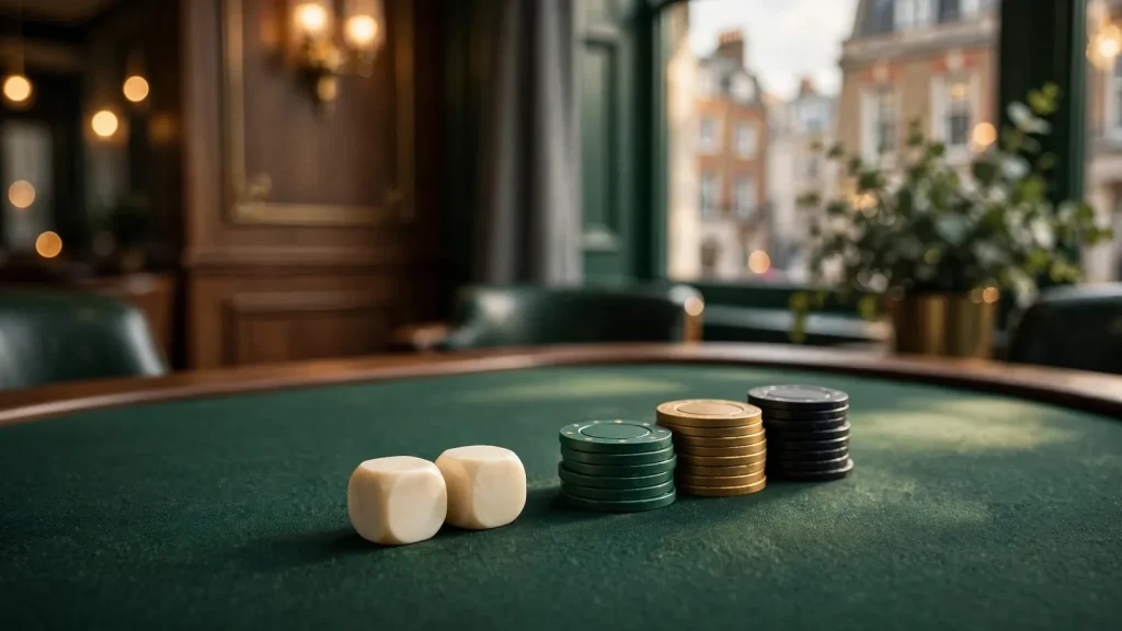 Ivory casino dice and chips on green felt in a modern gaming lounge