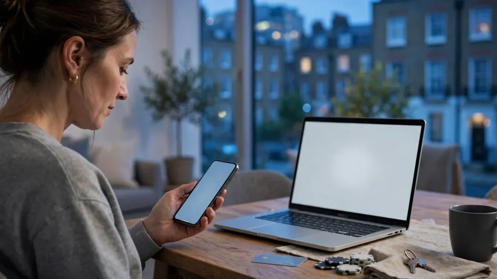Woman checking a neutral instant withdrawal screen in a London apartment