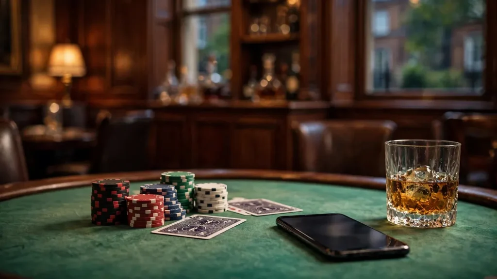 Casino chips, face-down playing cards, and a smartphone on a green felt table in an elegant UK lounge.