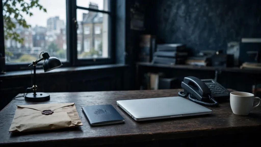 Sealed licence documents and closed laptop on a British office desk