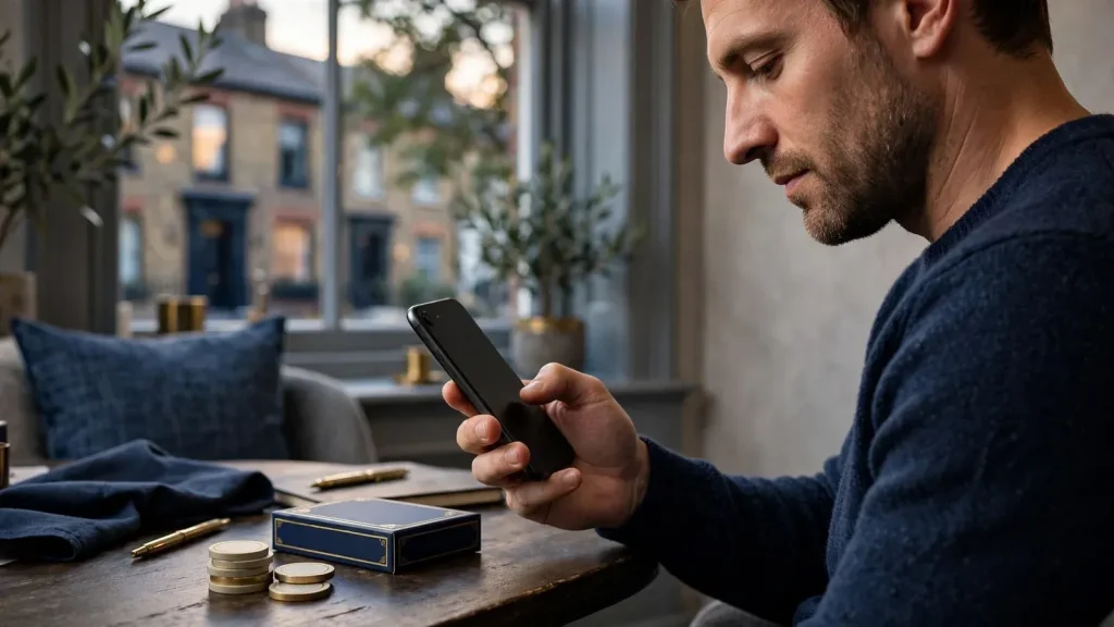 UK player using a private smartphone beside subtle casino cues