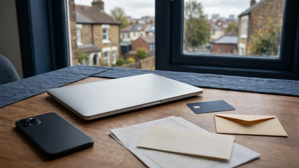 Bank transfer payment scene with phone, laptop, card, and documents
