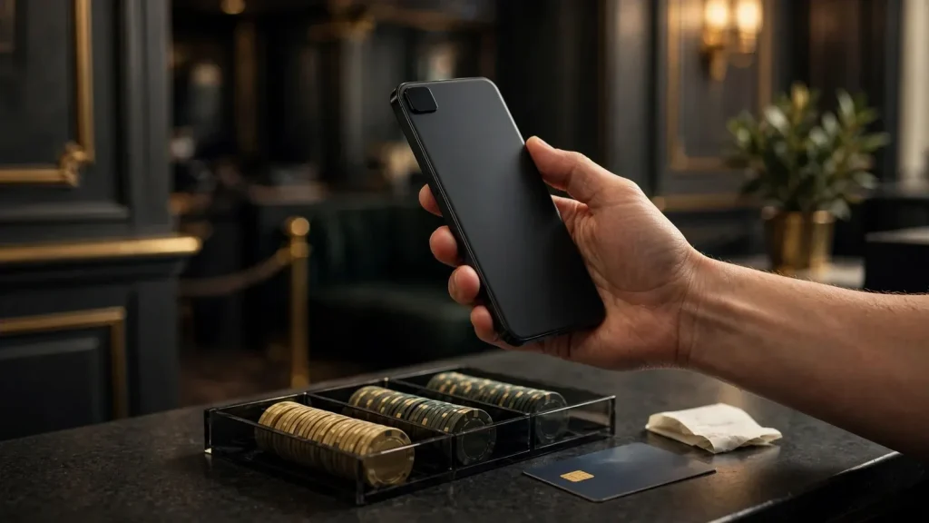 Smartphone mobile deposit beside chips at a UK casino