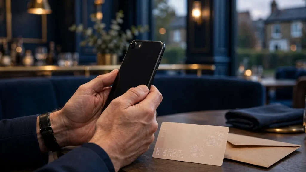 Smartphone and payment voucher in a modern UK casino lounge