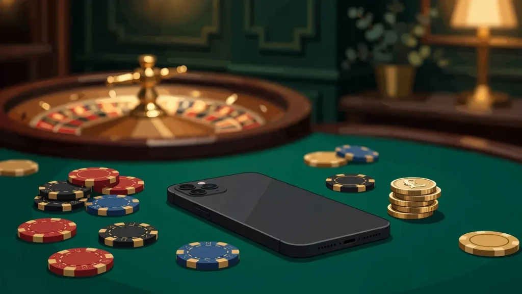 Smartphone lying face-down on green felt table with poker chips, roulette wheel and British pound coins in background