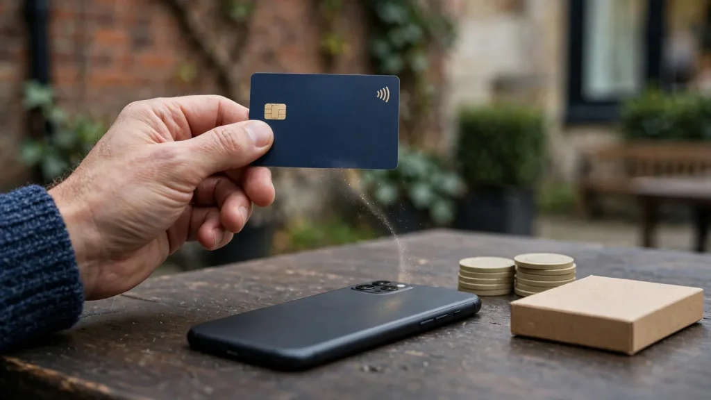 UK debit card payment linked to a smartphone and casino table