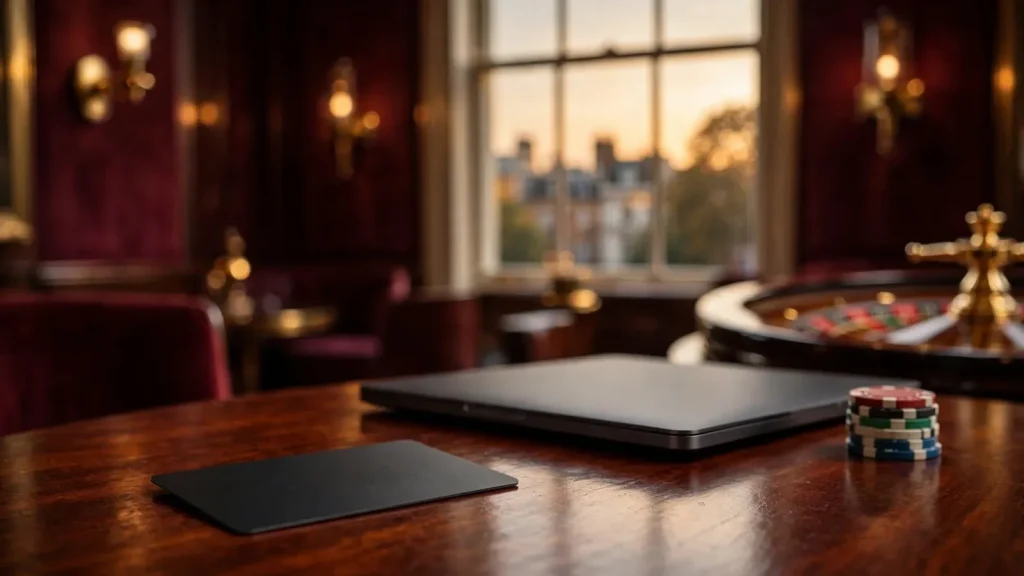 Premium charge card on mahogany table with closed laptop and London lounge atmosphere