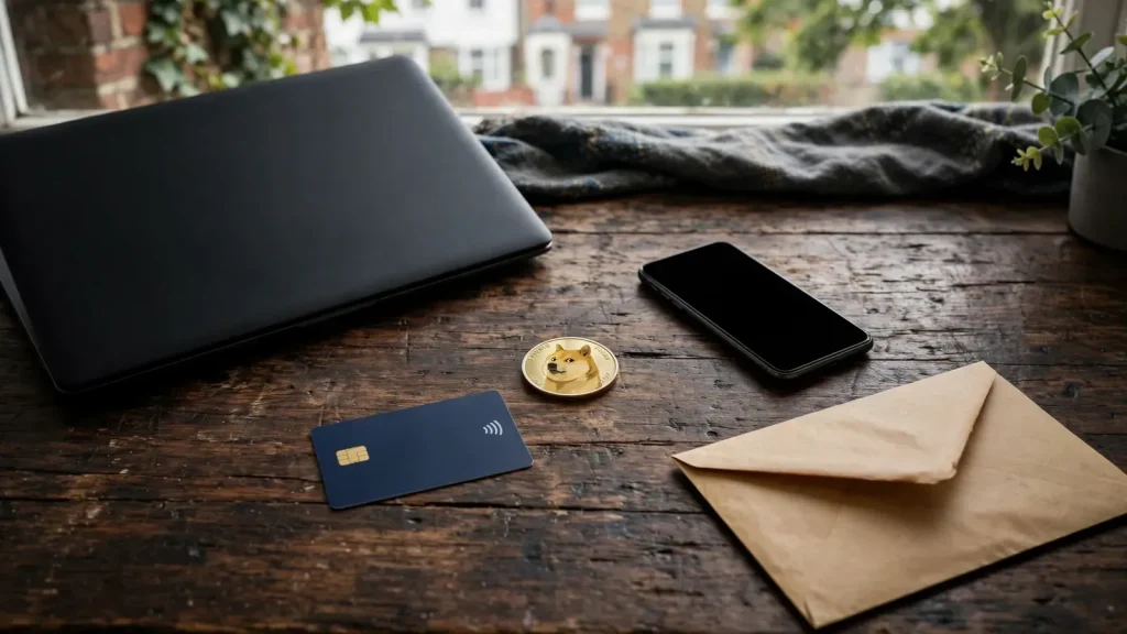 Dogecoin payment verification tools arranged on a UK desk