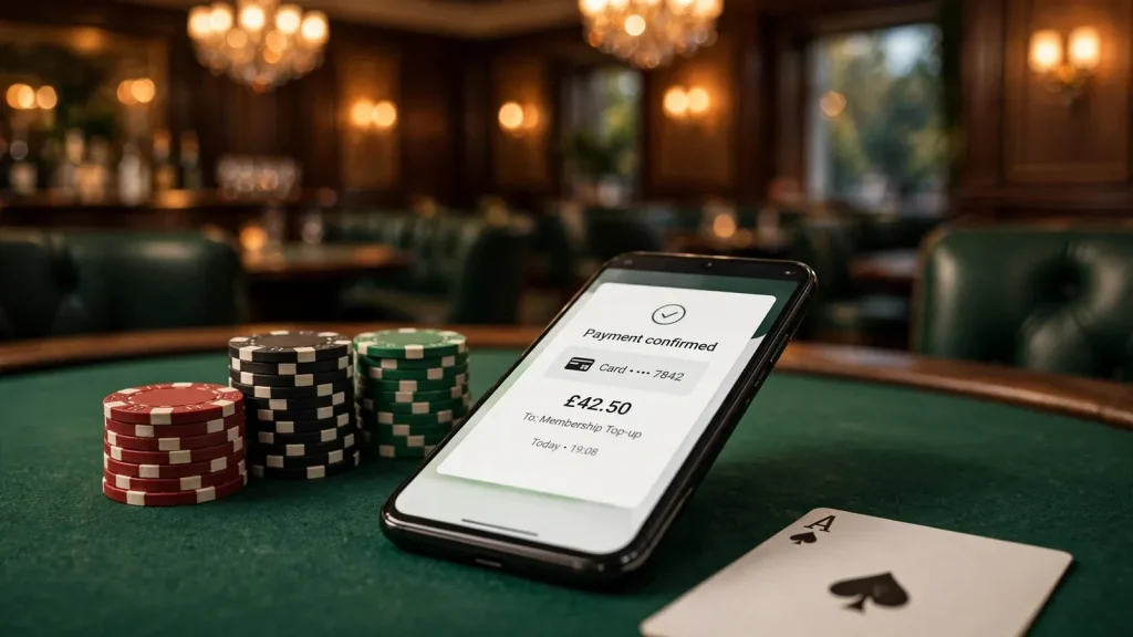 Smartphone displaying a payment confirmation on a casino table beside poker chips
