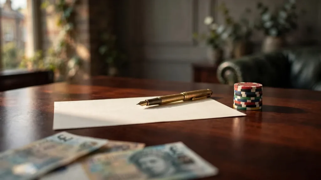 Blank British cheque on a dark desk beside casino chips, fountain pen and pound notes.