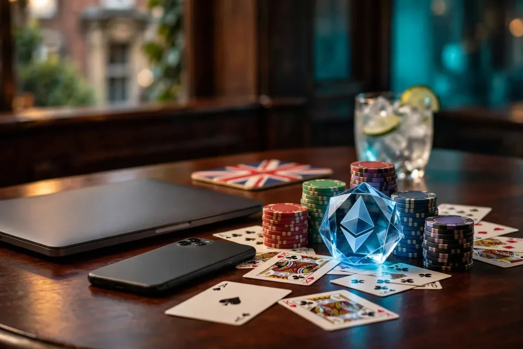 Closed laptop and smartphone on a casino table with Ethereum token, chips and cards