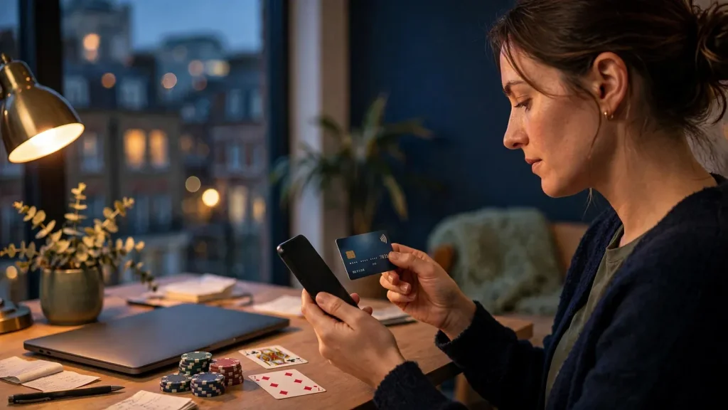 Person at desk with debit card and casino chips checking phone in a London apartment