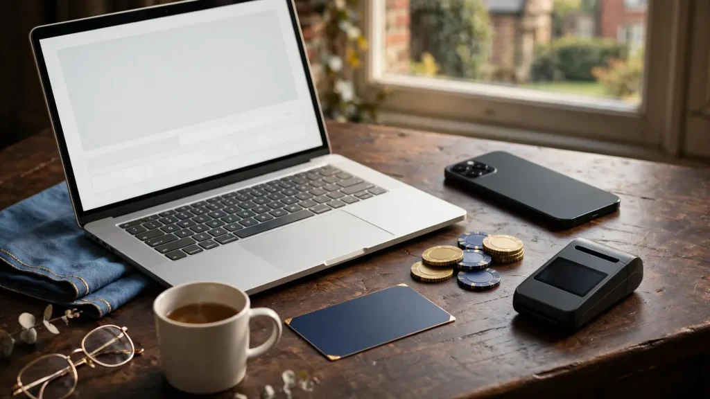 Phone, laptop and payment items representing iDEAL casino deposits in the UK