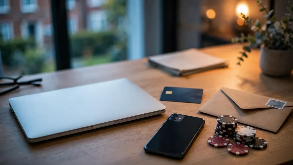 UK casino payment verification items arranged on a modern desk