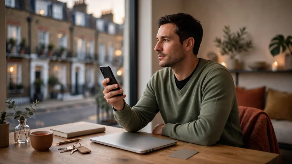 UK player preparing a mobile payment beside a laptop in a modern apartment
