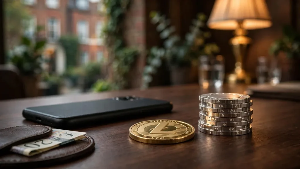 Lithium casino chip and Litecoin coin on a London desk with a face-down phone