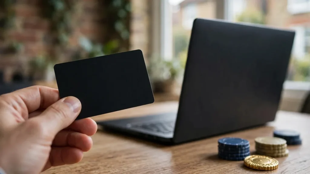Payment card and casino chips beside a laptop in a UK setting