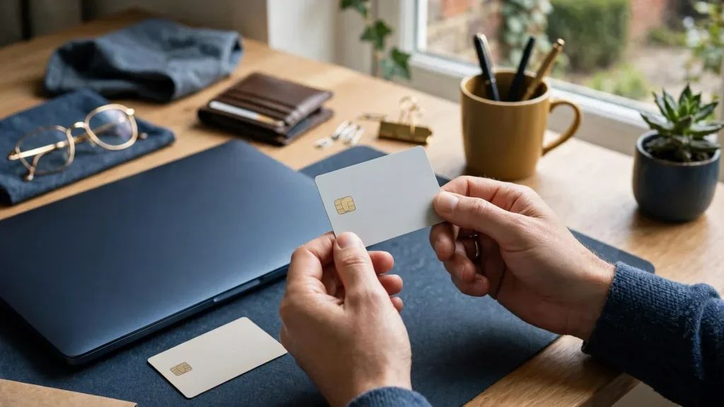 Anonymous person holding a payment card beside a closed laptop