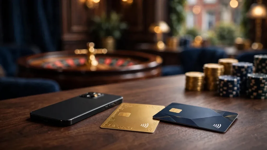 Mobile payment card and phone in an elegant British casino lounge