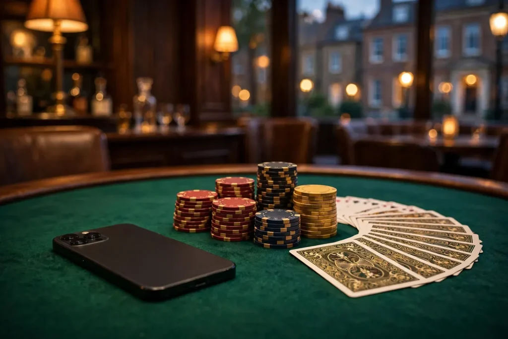 Smartphone face-down on green felt casino table with poker chips and playing cards