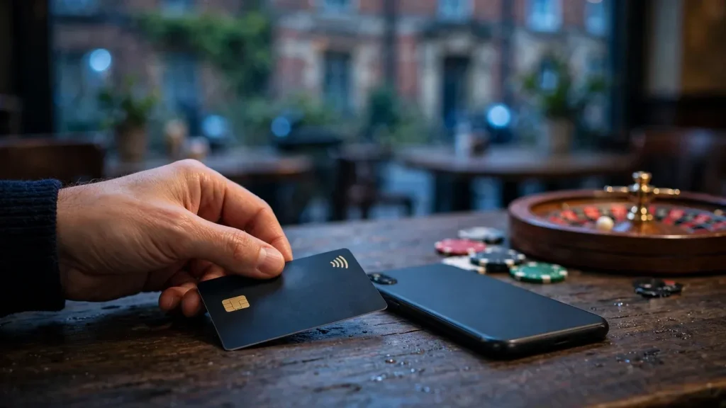 Payment card and closed smartphone on a UK casino-themed table