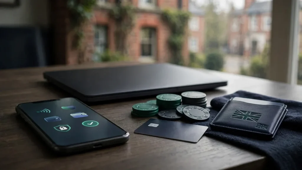 Unbranded UK casino payment scene with digital wallet and chips